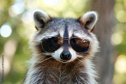 A raccoon exuding effortless coolness, its sunglasses enhancing its natural charm.