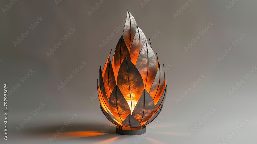 A metal sculpture of a flower with orange light shining through the petals.