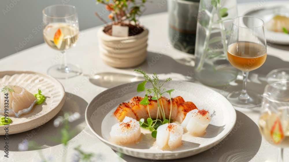 A dish of taro scallops is surrounded by nonalcoholic drinks on the table. Nonalcoholic drinks accompany the plant-based scallops from taro on the table.
