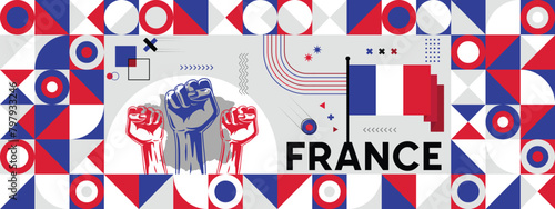  Flag and map of France with raised fists. National day or Independence day design for Counrty celebration. Modern retro design with abstract icons. Vector illustration.