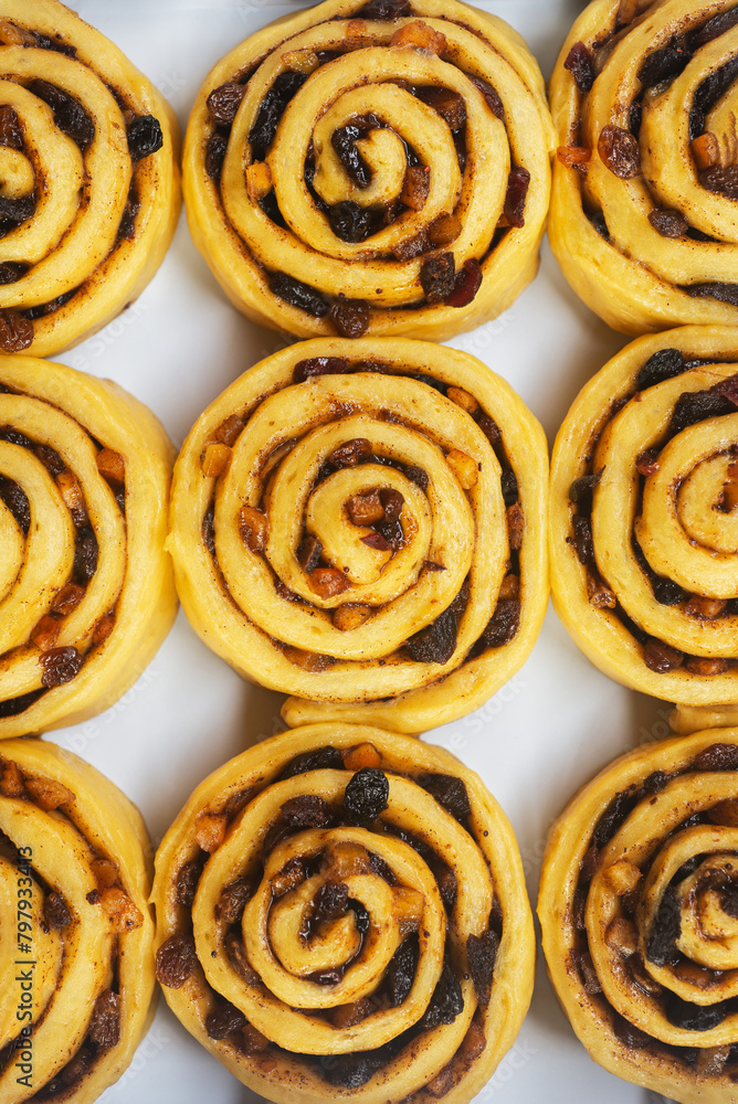 Uncooked mixed fruit cinnamon rolls dough on a baking tray in preparation for baking Uncooked mixed fruit cinnamon rolls dough on a baking tray in preparation for baking