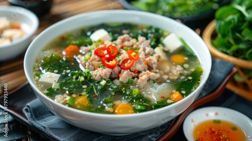 Thai style Clear seaweed soup with glass noodle, Minced Pork,Vegetables and egg tofu in white bowl.(Gaeng Jued )