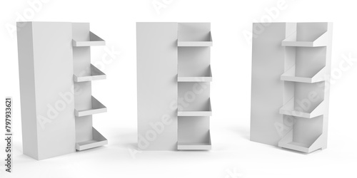 Supermarket Promotional Display Rack, Empty Product Display, PDQ Display Box With Three Different View, 3D Rendered.