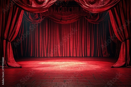 Have red curtain and red velvet floor stage entertainment architecture.