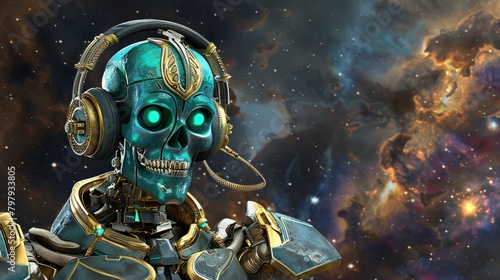 A blue and gold robot skeleton wearing headphones in space. There is an ornate golden skull necklace around the neck. The character has glowing eyes and seems to be from another planet