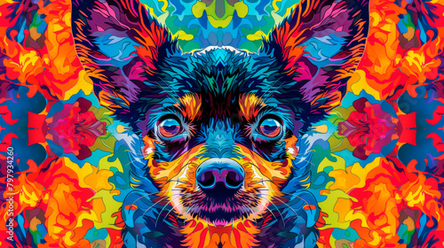 A pincher dog is depicted in a colorful kaleidoscope art, where geometric patterns and vibrant hues blend to create a whimsical and eye-catching portrayal of the beloved pet photo