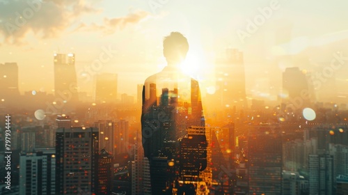 The double exposure image of the businessman standing back during sunrise overlay with cityscape image. The concept of modern life, business, city life and internet of things.