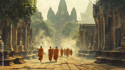 Monks silently wander amid ancient temple ruins. photo