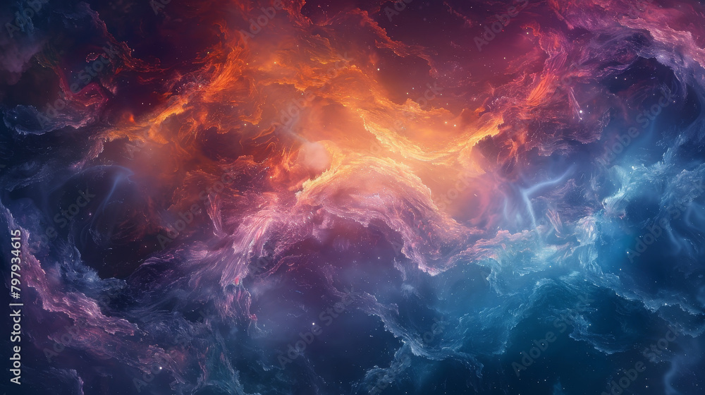 A colorful space scene with a blue and orange swirl