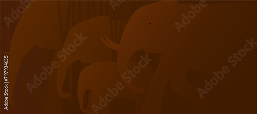 Herd of elephants silhouettes. Wildlife background