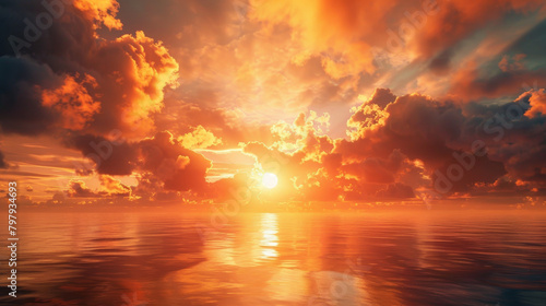 A beautiful sunset over the ocean with a large sun in the sky © ART IS AN EXPLOSION.