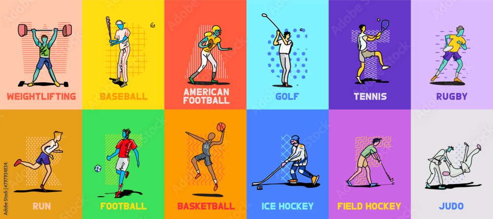 Fototapeta premium Set of sport players in different activities. Trendy doodle art and abstract cartoon character
