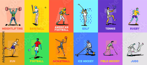 Set of sport players in different activities. Trendy doodle art and abstract cartoon character