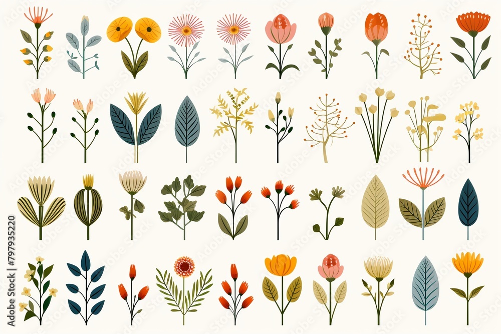 Flat graphic florals, stylized simple lines, ornamental plant drawings, children s vector, clean white background , high resolution Flat graphic florals, stylized simple lines, ornamental plant drawings, children s vector, clean white background , high resolution