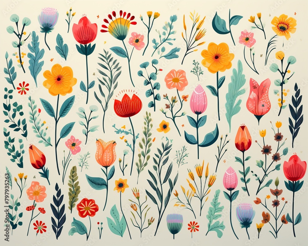 Handdrawn flowers pattern, repeating design for joyful birthday textiles ,  childlike drawing