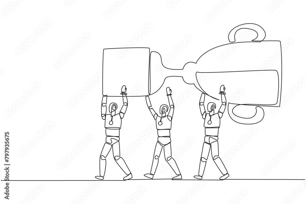 Vetor de Continuous one line drawing group of robots work together ...