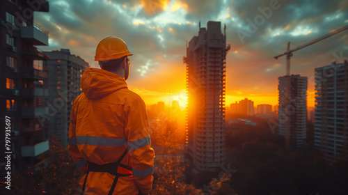 worker at work at sunset , Generative AI photo