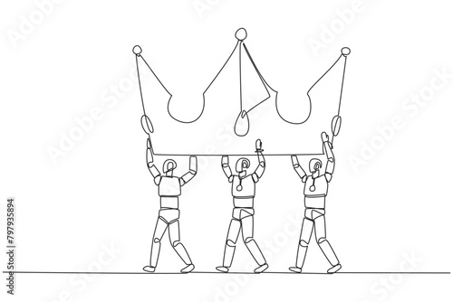 Continuous one line drawing group of robots work together to carrying crown. King in the world of technology. Artificial intelligence is developing rapidly. Single line draw design vector illustration