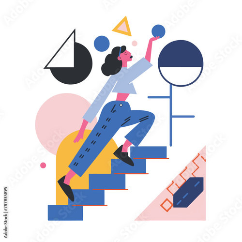 A woman walking up a staircase carrying and juggling many different objects