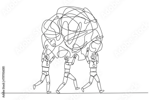 Single continuous line drawing group of robots work together carrying heavy messy circle. Get rid of sadness. Without stress and excessive anxiety. Future tech AI. One line design vector illustration