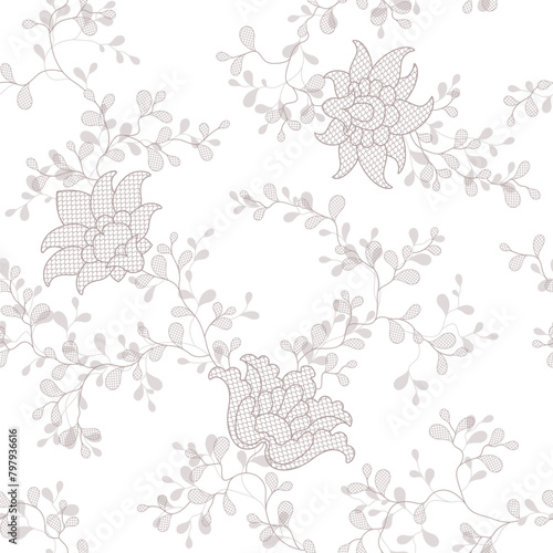 seamless pattern of flowers, branches and leaves