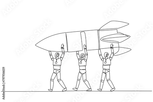 Single continuous line drawing a group of robots work together carrying a rocket. New branch. Managed reliably by the smartest robots. Profit. Future technology. One line design vector illustration photo