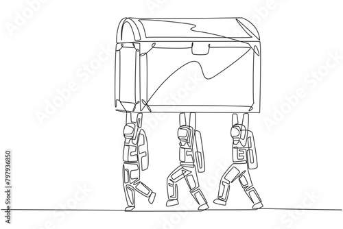 Single one line drawing group of astronauts work together carrying treasure chest. Valuable discoveries from the moon. Invaluable. Fun expedition. Spaceman. Continuous line design graphic illustration © Simple Line