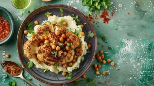 Top view of delicious roasted cauliflower with mashed potatoes and spiced harissa chickpeas served on ceramic plate on green table background photo
