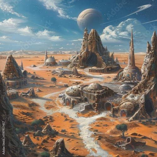 An ancient alien city in the middle of a desert with a blue sky and a bright sun.