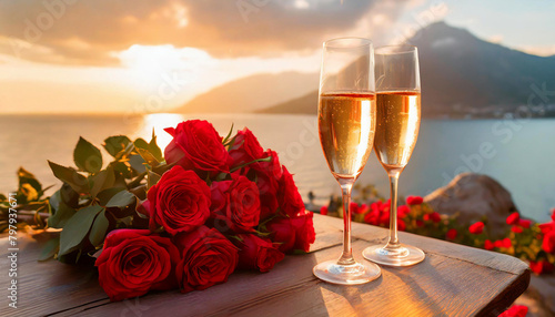 Evening date at sunset on the seashore. There are a couple of glasses of champagne and a large bouquet of roses on the table. Mockup background with empty space for text. Generative AI.