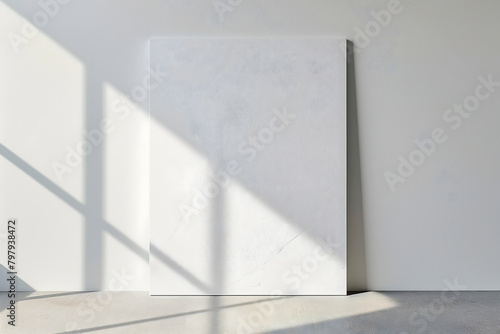 Mockup of white canvas frame Standing near wall on soft pastel-colored wall offering endless possibilities for custom designs branding presentations. Perfect for interior decorators art enthusiasts