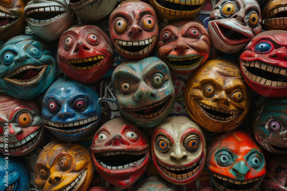 A colorful, vibrant assortment of grinning masks, perfect for themes of festivity, carnivals, and mysterious masquerades.