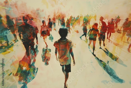 A child stands still amid a vibrant, abstract rush of city life, ideal for concepts like childhood innocence vs. urban chaos.