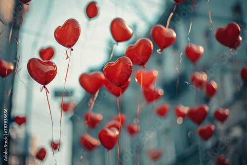 Heart-shaped red balloons ascend against a blue sky, symbolizing love and celebration.