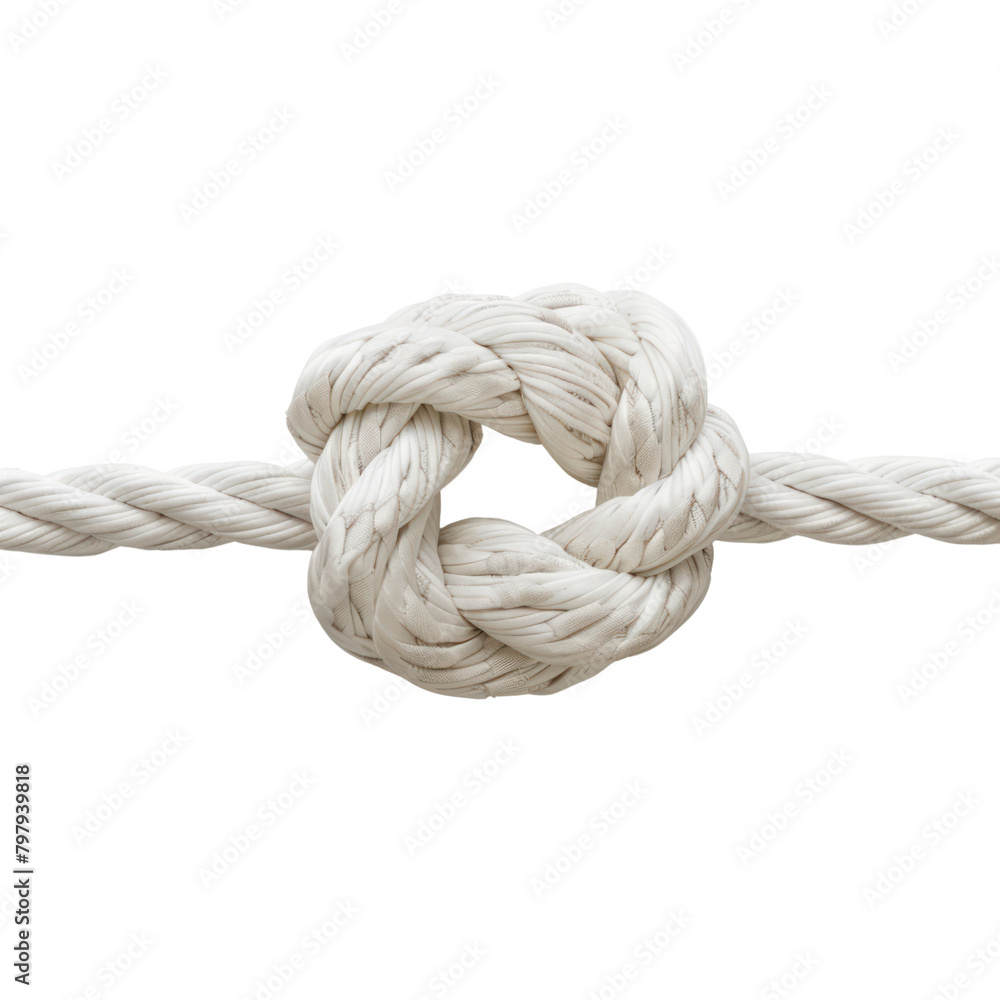 A white rope with a complex knot in the middle, isolate on transparent png.
A white rope with a complex knot in the middle, isolate on transparent png.
