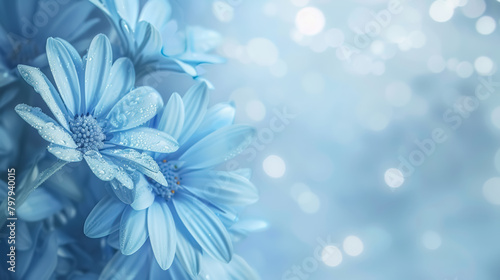 serene blue daisies with sparkling bokeh background in soft focus for tranquil wallpaper or greeting card designs