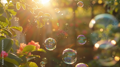 Closeup of the neat and sunny garden full of floating soap bubbles photo