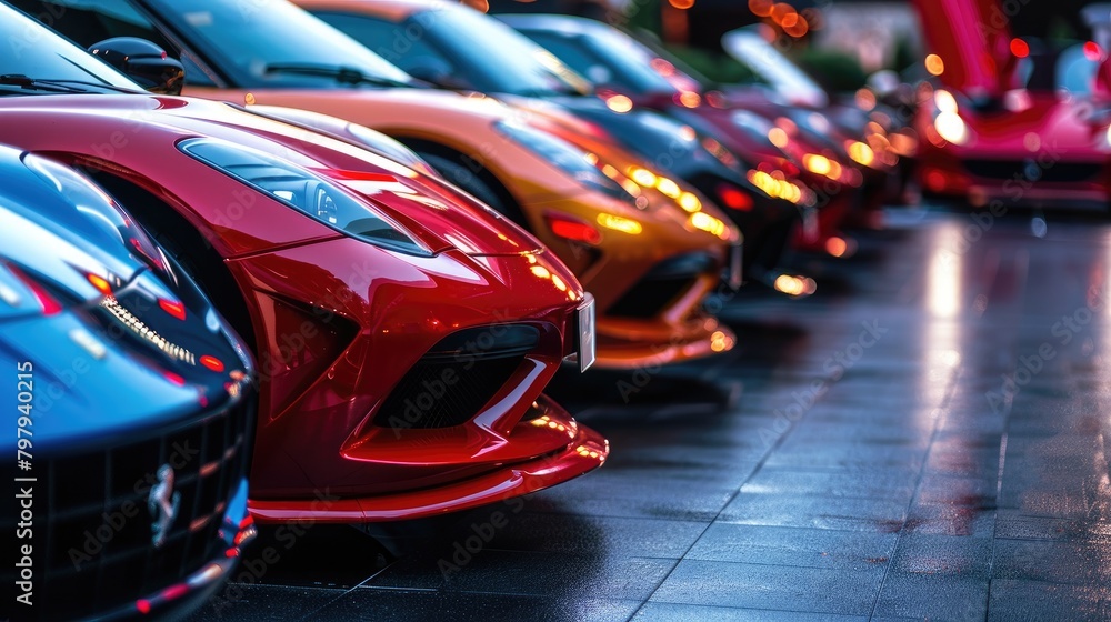 A row of cars are parked in a lot, with the red cars being the most prominent, Generative AI