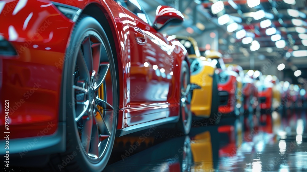 A row of cars are on display in a showroom, Generative AI