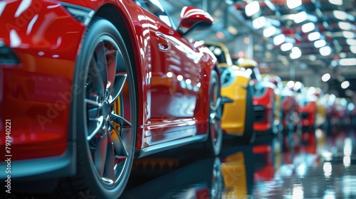 A row of cars are on display in a showroom, Generative AI