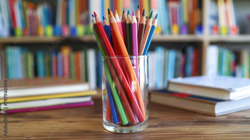 Colored pencils in a glass on the table surrounded by books and notebooks Colored pencils in a glass on the table surrounded by books and notebooks