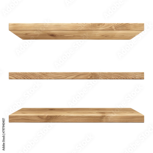 rustic wooden floating shelves with a natural finish, isolated on a transparent background, ideal for interior design mockups. photo