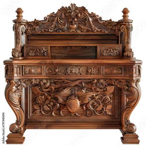 A masterfully carved wooden console table, rich in details, isolated on a transparent background, perfect for antique furniture concepts.