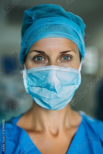Close-up of a female surgeon wearing a mask, vertical view, looking at camera.