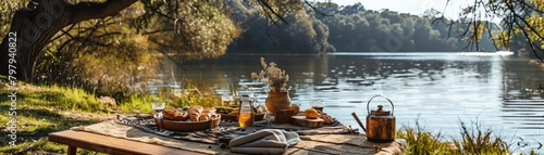 A rustic fishing trip in a secluded lake area, with a bohoinspired picnic setup on the shore
