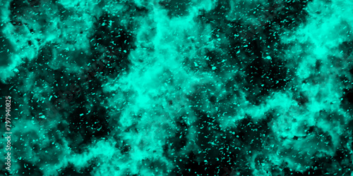 Abstract dynamic particles with soft Blue clouds on dark background. Defocused Lights and Dust Particles. Watercolor wash aqua painted texture grungy design.