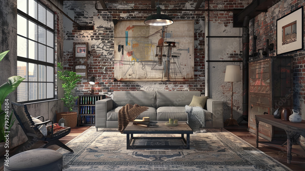 Industrial loft living with a chic urban vibe. Steel-gray sofa, exposed brick walls, metal accents, and urban art create a unique urban sanctuary. Industrial loft living with a chic urban vibe. Steel-gray sofa, exposed brick walls, metal accents, and urban art create a unique urban sanctuary.