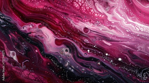 Abstract background in liquid acrylic paints of different colors, waves of paint on the surface of water with small bubbles and sparkles, glittering sea foam