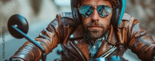 Focused biker with reflective goggles photo