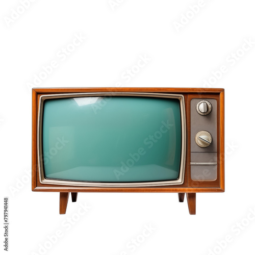 Midcentury modern retro television set from the 1960s on a white background with a blank screen